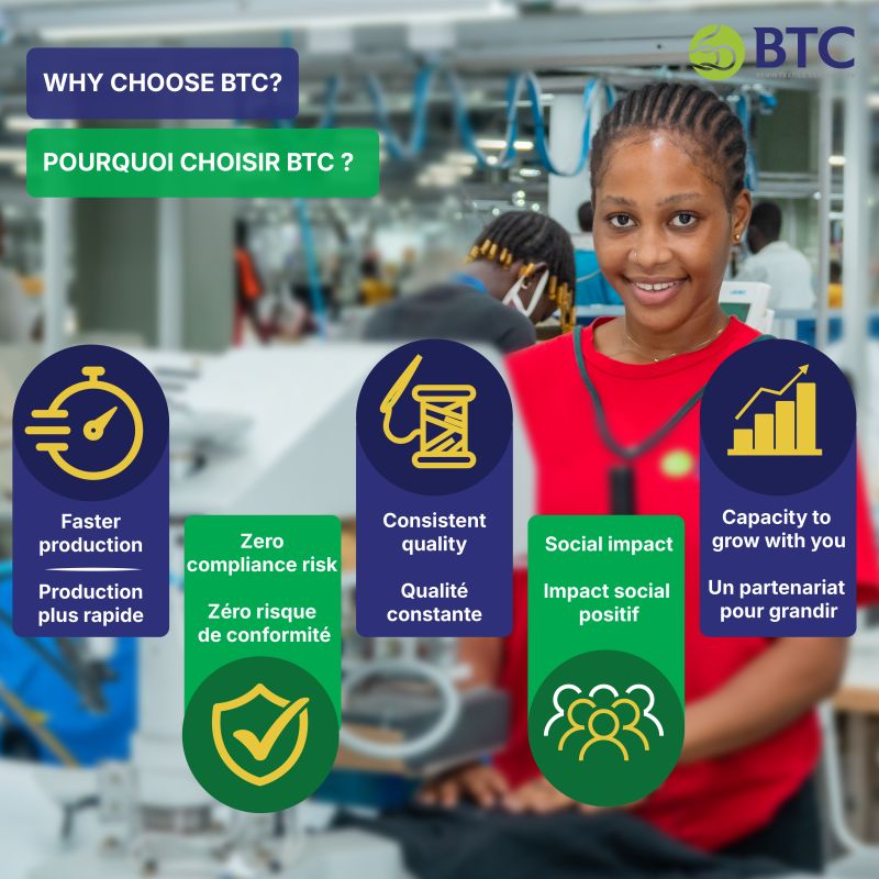 BTC’s fully integrated textile manufacturing process from cotton to garment, supporting sustainable and ethical apparel production in Benin.