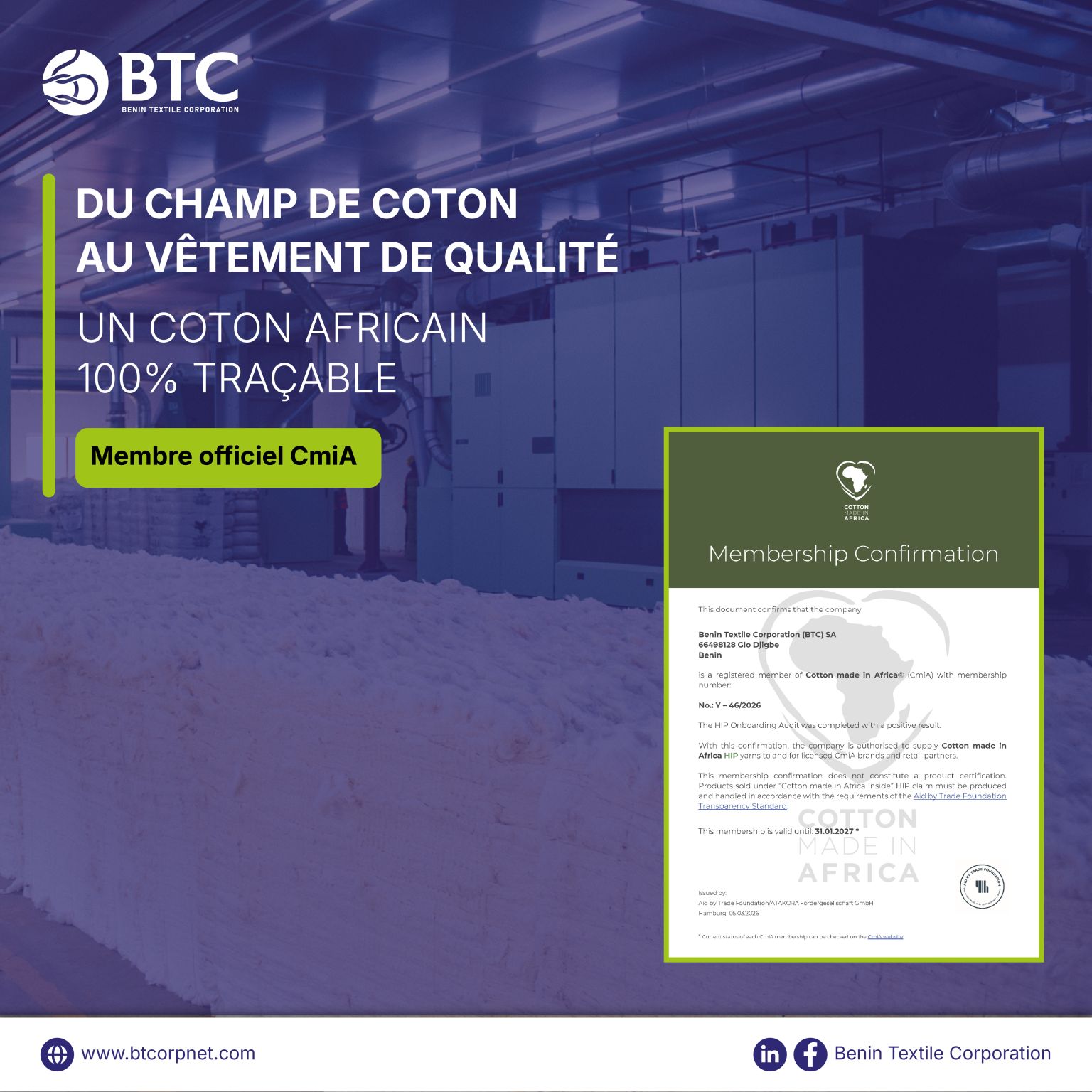 Our cotton has a history, and we are proud to process it here in Benin.